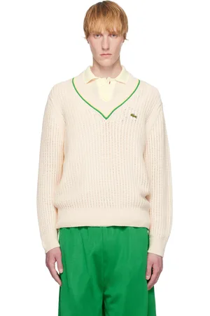 Lacoste Pull de style tennis blanc cassé à col en V à rayures