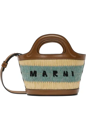 Marni Micro cabas Tropicalia brun clair et bleu à effet raphia