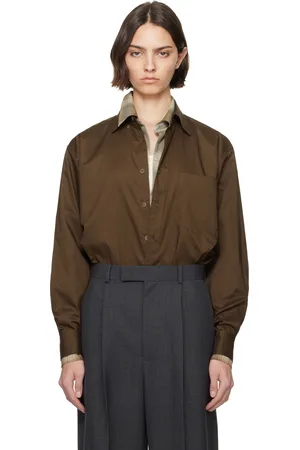 Auralee Chemise brune en popeline typewriter lavée de coton Finx à boutons