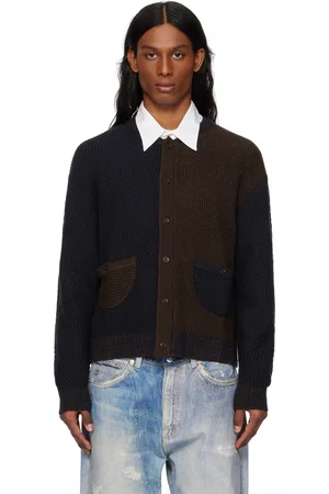 DIME Cardigan bleu marine et brun en tricot ondulé