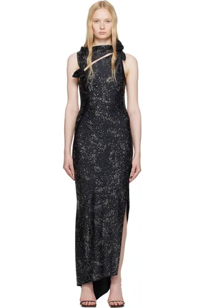 COPERNI Robe longue asymétrique noire à ornements facettés et à appliqués floraux