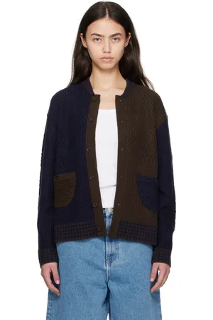 DIME Cardigan bleu marine et brun en tricot ondulé