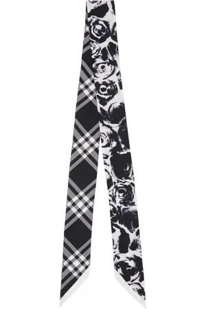 Burberry Foulard étroit réversible noir et blanc en soie à motif de roses
