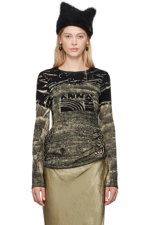 Anna Sui T-shirt à manches longues noir et kaki à effet décoloré et à image à logo