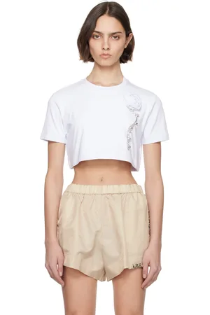 AREA T-shirt écourté blanc à appliqué floral à ornements facettés
