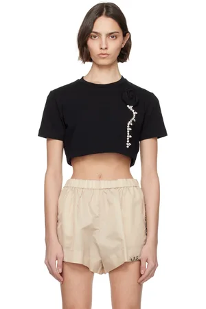 AREA T-shirt écourté noir à appliqué floral à ornements facettés