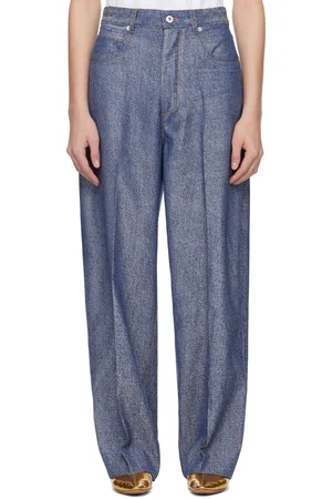 Bottega Veneta Pantalon ample bleu et blanc à motif de denim en jacquard
