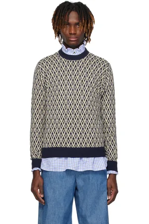 VALENTINO Pull bleu marine et beige à motif Toute la V