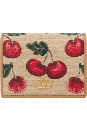 VALENTINO GARAVANI Portefeuille beige à logo en V et à motif Cherryfic en jacquard