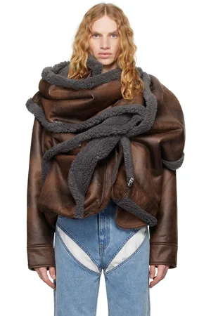 Y / PROJECT Blouson aviateur brun et gris en cuir synthétique à capuche semi-amovible