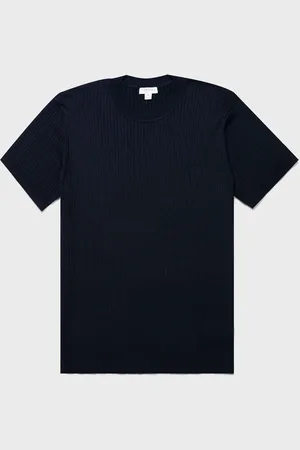 Sunspel T-shirt en coton et soie à fines côtes Bleu marine