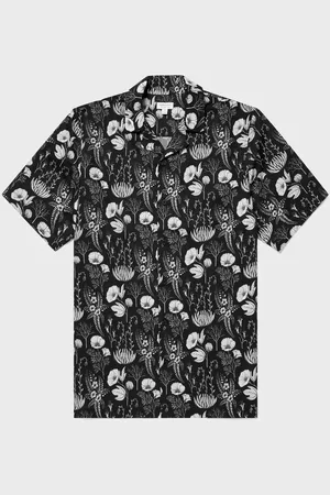 Sunspel Chemise à col cubain à imprimé feuilles Noir