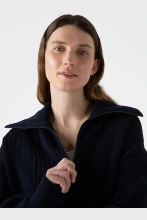 Sunspel Pull à demi zippé et côtelé Bleu marine