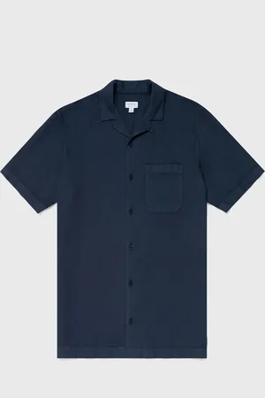 Sunspel Chemise col cubain gaufré Bleu marine