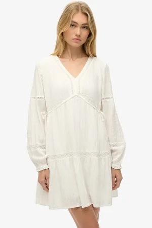 Superdry Dames Robe Courte A Manches Longues et Volants Ibiza, Taille: 38