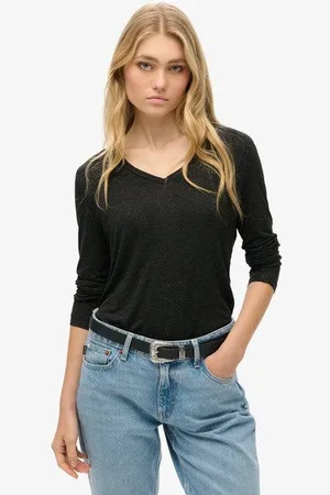 Superdry Femme Haut en Jersey à col V et Manches Longues Taille: 34