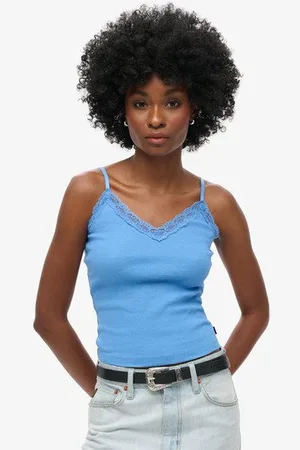 Superdry Femme Caraco Côtelé Vintage en Coton bio à Liseré en Dentelle Taille: M/L