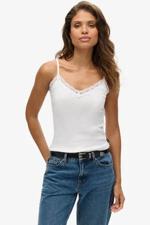 Superdry Dames Dentelle Caraco Côtelé Vintage Coton Bio À Liseré, , Taille: M/L