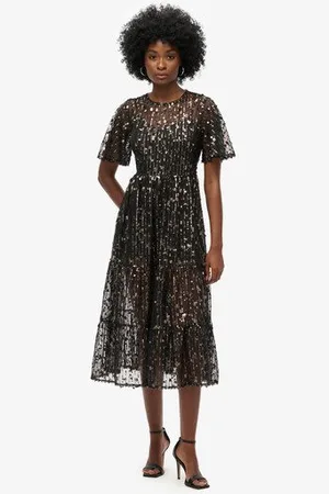 Superdry Femme Robe Mi-longue en Maille Filet à Volants Volume Taille: 36