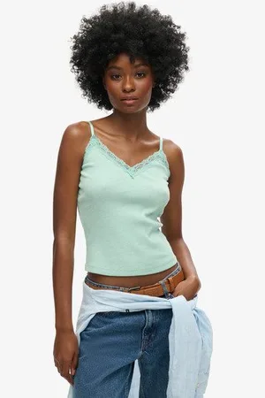 Superdry Femme Caraco Côtelé Vintage en Coton bio à Liseré en Dentelle Taille: XS/S