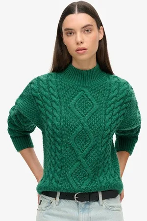 Superdry Femme Pull Polo en Maille Torsadée Aran Tricot Torsadé, Taille: 38 Taille: 38