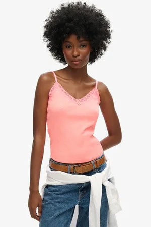 Superdry Femme Caraco Côtelé Essential en Coton bio à Liseré en Dentelle Taille: M/L