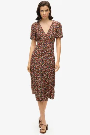 Superdry Femme Robe Mi-longue Imprimée Boutonnée à Manches Courtes Marron, Vert et Rouge Floral, Taille: 34 Taille: 34