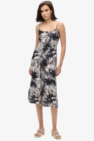 Superdry Dames Gris et Noir Robe Caraco Mi-Longue Boutonnée Imprimée, Taille: 40
