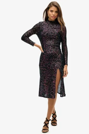 Superdry Femme Sequins Robe Mi-Longue à Dos Nu, Noir, Bleu et Rose, Taille: 36