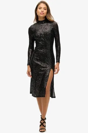 Superdry Femme Sequins Robe Mi-Longue à Dos Nu, , Taille: 38