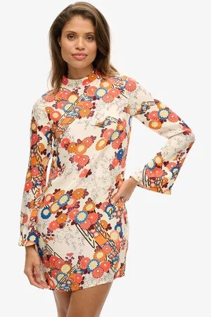Superdry Femme Imprimé Floral Robe Courte Imprimée À Manches Longues, , Dames, Taille: 36 Taille: 36