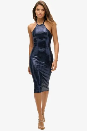 Superdry Femme Robe Mi-longue dos nu à Sequins Taille: 42