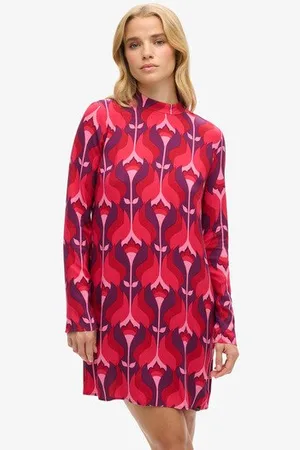 Superdry Femme Robe Courte Imprimée à Manches Longues Taille: 36