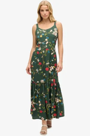 Superdry Dames Vert, Rose et Bleu Tissée a Volants Robe Longue Imprimé, Taille: 38