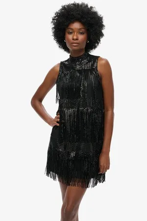 Superdry Femme Robe Trapèze Courte à Franges et Sequins Taille: 38