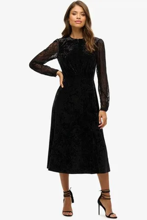 Superdry Femme Robe Mi-longue en Velours à Manches en Dentelle Taille: 38