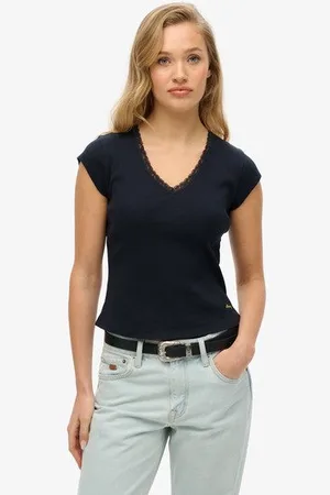 Superdry Femme T-shirt à col V et Liseré en Dentelle Athletic Essentials Taille: 44