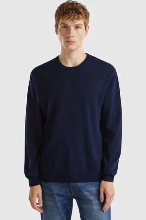 Benetton Pull Bleu Nuit En Pure Laine Mérinos