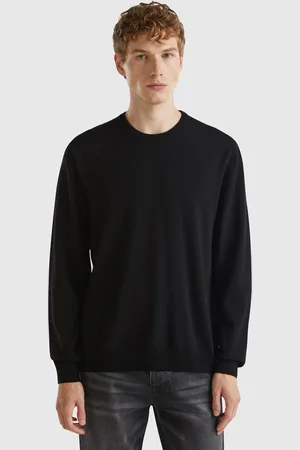 Benetton Pull Noir En Pure Laine Mérinos