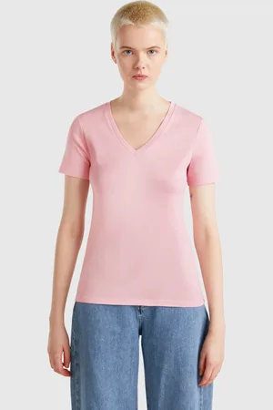 Benetton T-shirt Rose En Pur Coton À Col En V