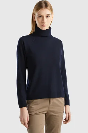 Benetton Pull Bleu Nuit À Col Montant En En Mélange De Laine Et De Cachemire
