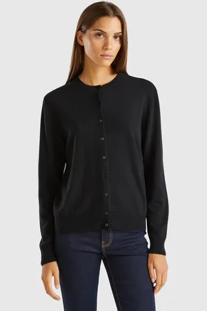 Benetton Gilet Noir À Col Rond En Pure Laine Mérinos