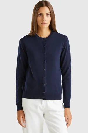 Benetton Gilet Bleu Nuit À Col Rond En Pure Laine Mérinos