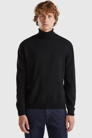 Benetton Pull À Col Montant Noir En Pure Laine Mérinos