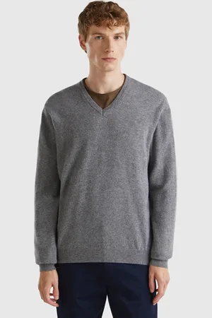 Benetton Pull Gris Foncé À Col En V En Pure Laine Mérinos