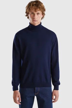 Benetton Pull Bleu Foncé Col Roulé En Pure Laine Mérinos