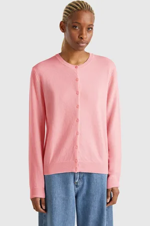 Benetton Gilet Rose Poudré À Col Rond En Pure Laine Mérinos