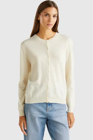 Benetton Gilet Col Rond Beige En Pure Laine Mérinos