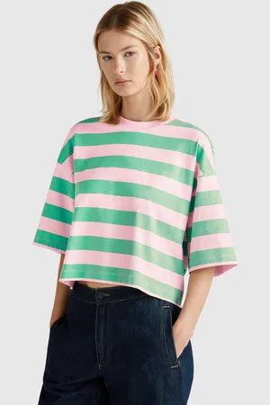 Benetton T-shirt Rayé Vert Et Rose