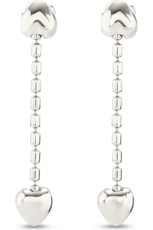 UNO de 50 Boucles d’oreilles plaquées argent avec chaîne pendante et petits cœurs